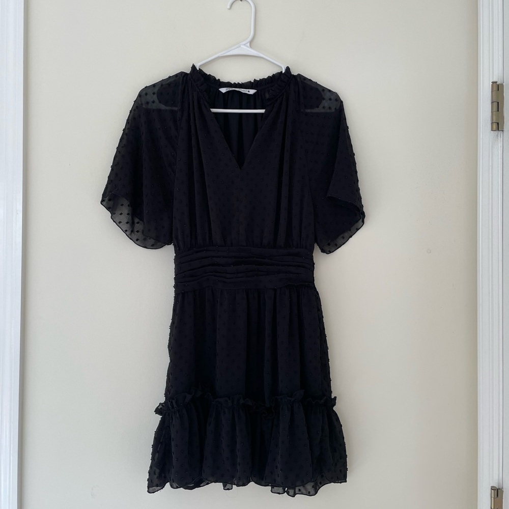Zara Black Ruffled Flutter Sleeve V-Neck Mini Dress